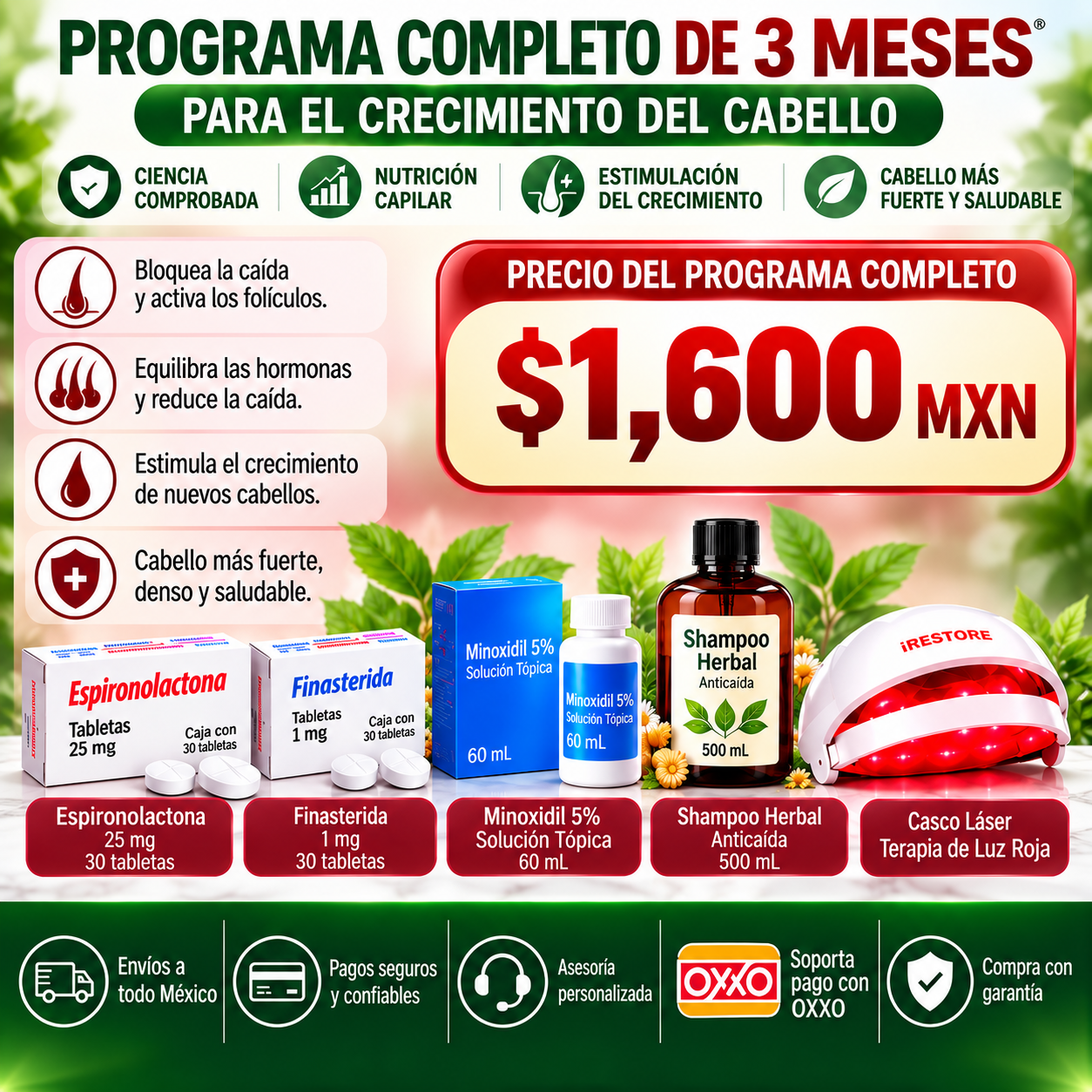 Programa completo de 3 meses para el cuidado capilar: $1,600 MXN. Pago con OXXO y envíos a todo México.